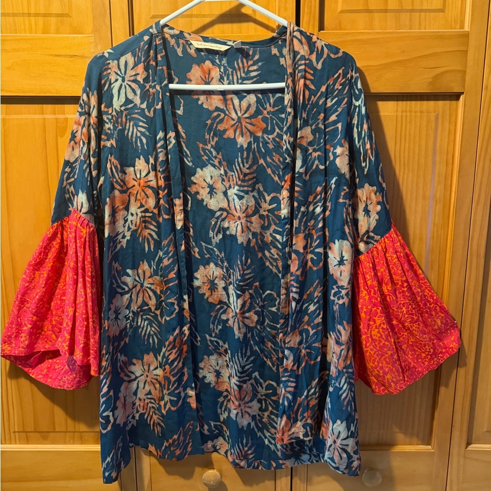 Soft Surroundings Navy Floral Open-Front Tunic with Pink Bell Sleeves